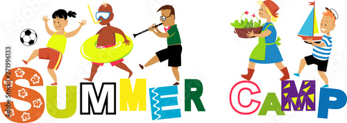 Summer camp banner with little kids participating in camp activities, EPS 8 vector illustration