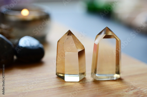 Billede på lærred Crystal Citrine Towers, healing crystal towers, golden crystal points