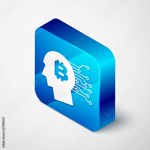 Isometric Bitcoin think icon isolated on white background. Cryptocurrency head. Blockchain technology, bitcoin, digital money market, cryptocoin wallet. Blue square button. Vector Illustration