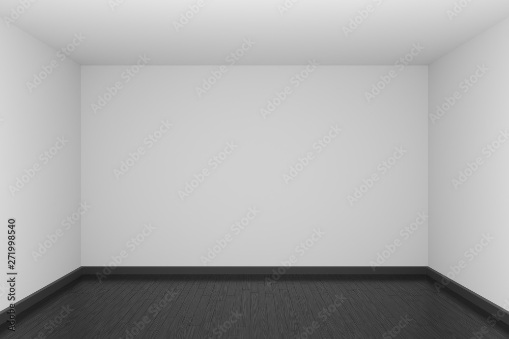 White empty room with black wooden parquet floor White empty room with black wooden parquet floor