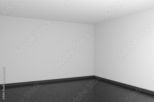 White empty room with black hardwood parquet floor.