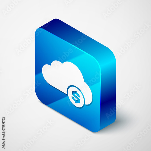 Isometric Cryptocurrency cloud mining icon isolated on white background. Blockchain technology, bitcoin, digital money market, cryptocoin wallet. Blue square button. Vector Illustration