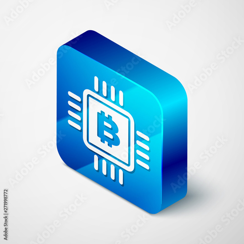 Isometric CPU mining farm icon isolated on white background. Bitcoin sign inside microchip. Cryptocurrency mining community. Digital money. Blue square button. Vector Illustration