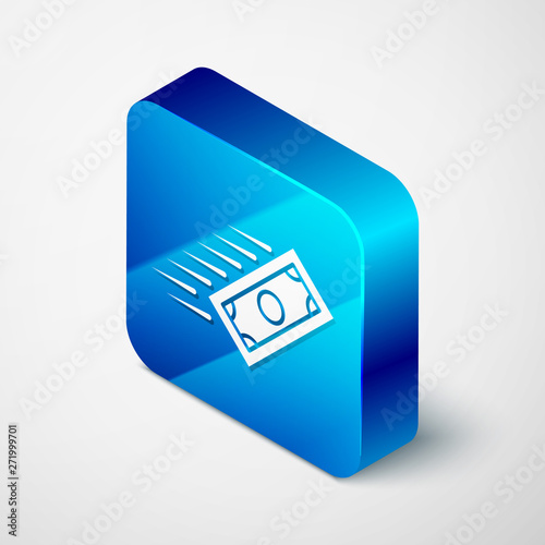 Isometric Fast payments icon isolated on white background. Fast money transfer payment. Financial services, fast loan, time is money, cash back concept. Blue square button. Vector Illustration