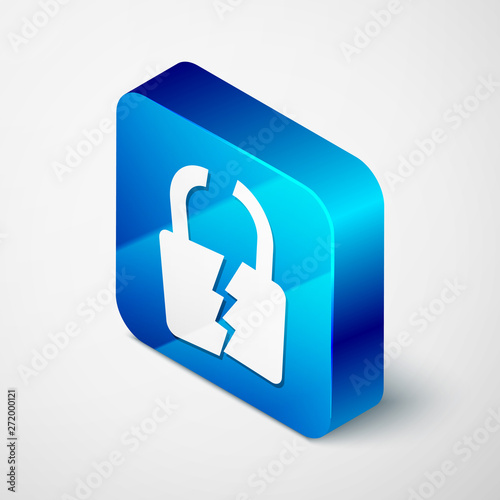 Isometric Broken or cracked lock icon isolated on white background. Unlock sign. Blue square button. Vector Illustration