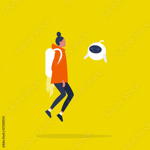Innovation concept. Young female character flying with a jetpack. Cute robot hovering in the air. Modern Technologies. Flat editable vector illustration, clip art