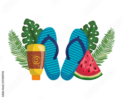 solar blocker bottle with flip flops and watermelon