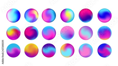 Rounded holographic gradient sphere button. Multicolor purple yellow orange pink cyan fluid circle gradients, colorful soft round buttons or vivid color spheres flat vector set - Vector graphics.