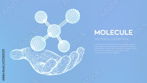 Molecule in hand. Dna, atom, neurons. Molecules and chemical formulas. 3D Scientific molecule background for medicine, science, technology, chemistry, biology. Vector illustration.