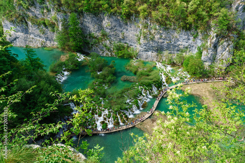 Aerial view of waterfalls at Plitvice National Park in Croatia.