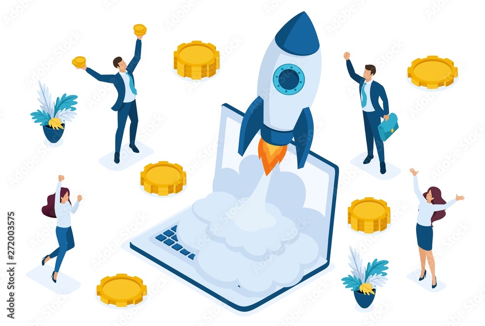 Isometric business startup, businessmen rejoice rocket take-off from laptop, business investment. Concept for web design