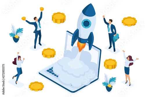 Isometric business startup, businessmen rejoice rocket take-off from laptop, business investment. Concept for web design