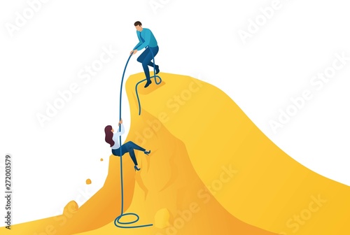 Isometric the help mentor to achievement the goal, climb the path to success. Concept for web design