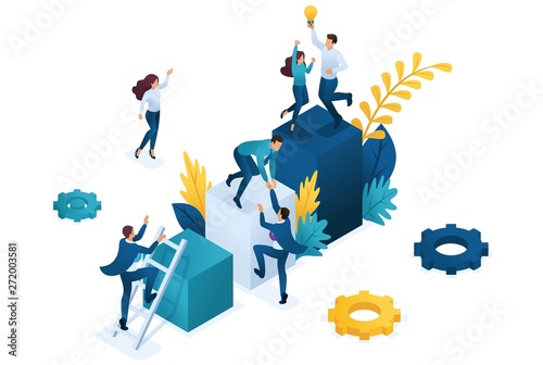 Isometric Team success. Teamwork. Together. Miniature people climb up. Concept for web design