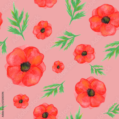 seamless pattern from poppies on a pale pink background. hand painted watercolor. for design  textiles  print