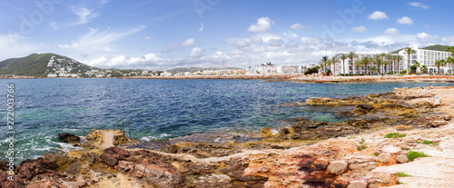 High resolution panorama view on Santa Eulalia Del Rio (Ibiza Island) from spectacular coastline with water ladder. Summer holiday.