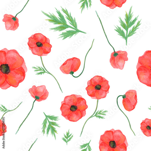 seamless pattern from poppies on a white background. hand painted watercolor. for design  textiles  print