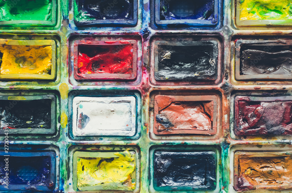 Artist paint brushes and watercolor paintbox Artist paint brushes and watercolor paintbox