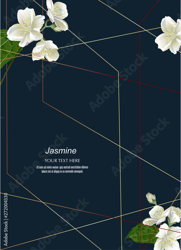 Jasmine flowers in golden polygon geometric cube shape on dark background. Floral poster, invite. Vector decorative greeting card