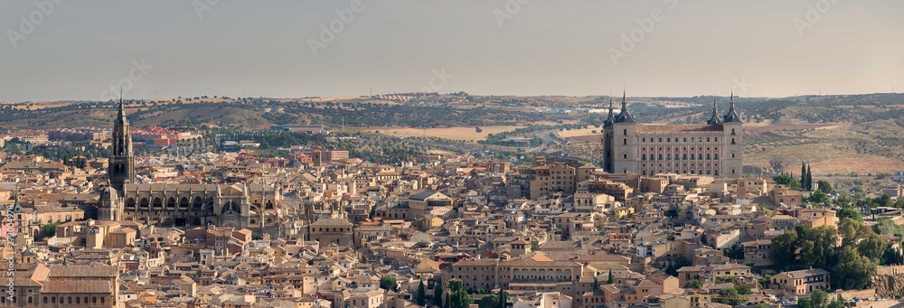  Panoramic view of the city of Toledo in Spain, you can see important monuments such as the Alcazar and the Cathedral.