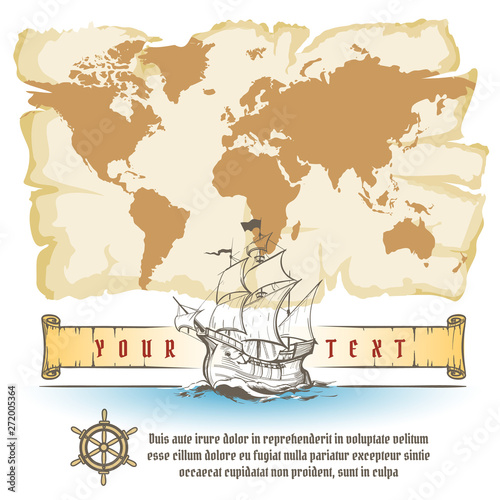 Old Map and Sail Retro Ship with Scroll