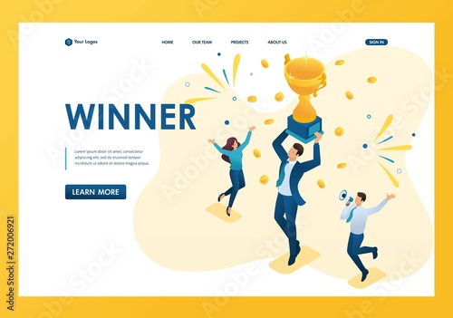 Isometric successful businessman celebrating a victory, and to triumph in Cup winners. Template landing page