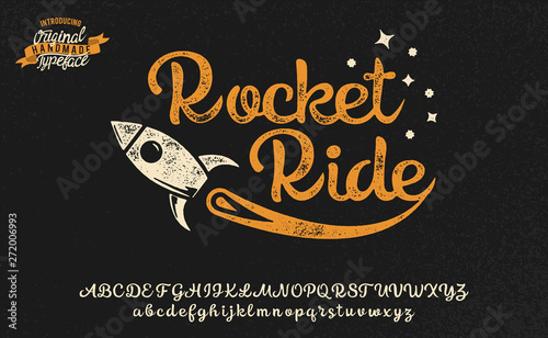 Rocket Ride. Font and logo with a spaceship. Space theme. Script handmade font.