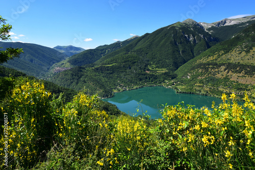 Lago di Scanno con il giallo delle ginestre.