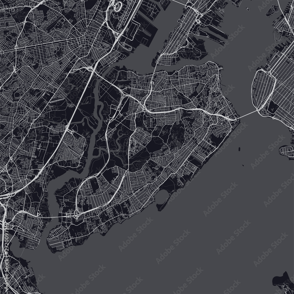 Staten Island map. Dark map of Staten Island borough (New York, United States). Highly detailed map of Staten Island with water objects, roads, railways, etc.