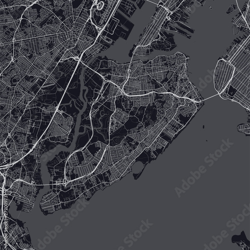 Staten Island map. Dark map of Staten Island borough (New York, United States). Highly detailed map of Staten Island with water objects, roads, railways, etc. photo