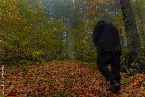 man walking in autumn forest