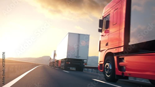 POV shot overtaking a convoy of semi trucks driving on a highway into the sunset. Fast and dynamic camera. Realistic high quality 3d animation.