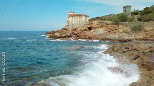 Slow Motion Cliffs of the Tuscan coast, castle of Boccale, Livorno Leghorn