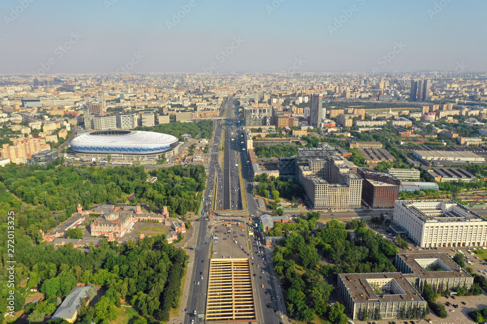 Moscow, Russia - 7 June 2019. Aerial view of the Leningradsky Prospect