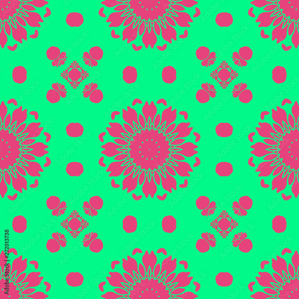 Floral pattern with abstract geometric form, green and pink color
