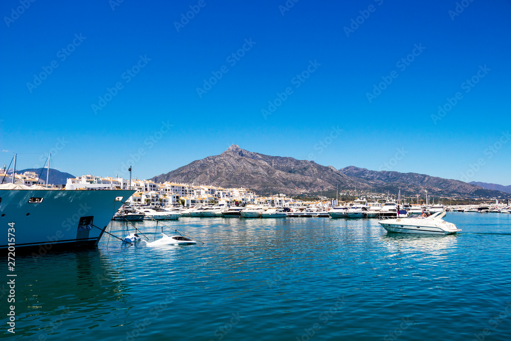 Luxury yachts at Puerto Banus, Nueva Andalucia, Marbella, Province of Malaga, Andalusia Spain