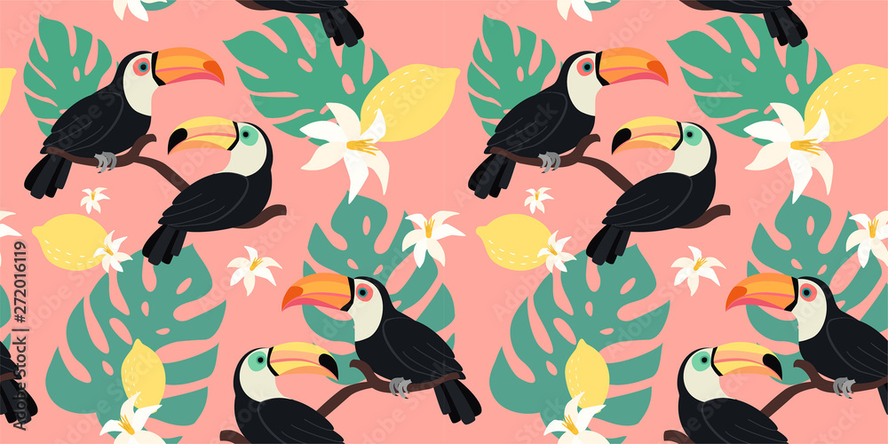 Trendy pattern with toucan and tropical leaves. Vector seamless texture. 