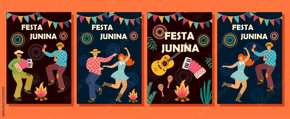 Collection of cards for Festa Junina. Latin American holiday. Vector illustration. Idea template for banner, poster, card, postcard and printable.