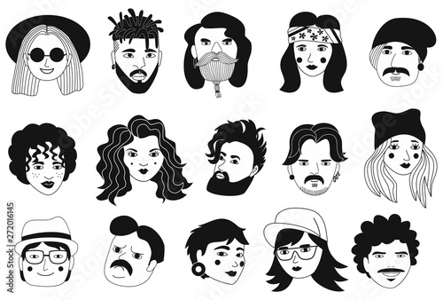 Set of people avatars in flat style. Portraits of various men and women. Trendy black and white icons collection. Vector illustration.