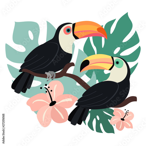 Stylized summer illustration with toucans and tropical leaves. Vector template.