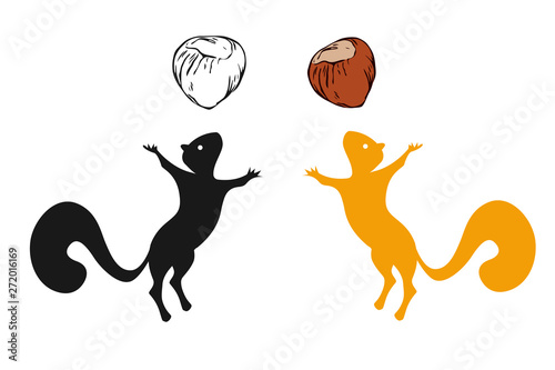 Vector jumping squirrel silhouette and hazelnut isolated on white background. Logo set of squirrels with nuts in orange and black colors. Squirrel standing on hind legs with front legs to the top. 