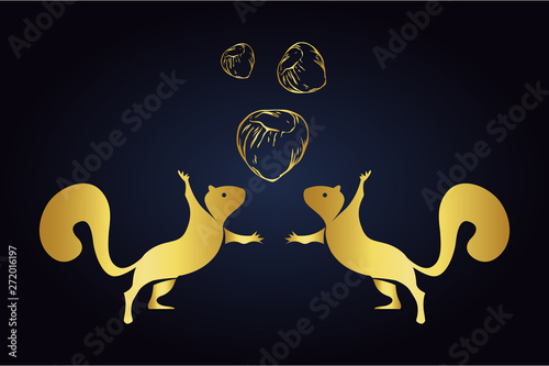 Vector jumping squirrels silhouettes and hazelnuts isolated on dark background. Logo of squirrels with three nuts in golden color. Squirrels standing on hind legs with front legs to the top.