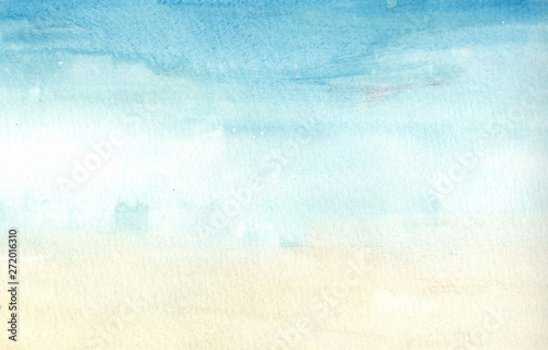 Handmade illustration light sky blue and light yellow watercolor background. Aquarelle paint paper textured canvas element for text design, greeting card, template.