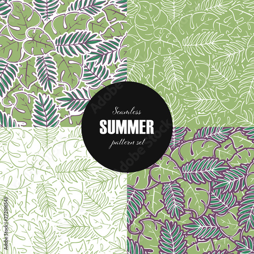 Set of vector seamless leaf pattern template. 4 pretty green fern and forest leaves isolated on different color background. Plant tile design for textile, cloth, wrapping paper, web, print, fabric