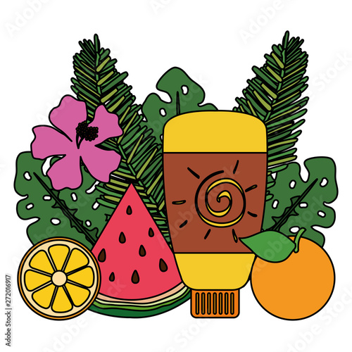 solar blocker bottle product with leafs and fruits