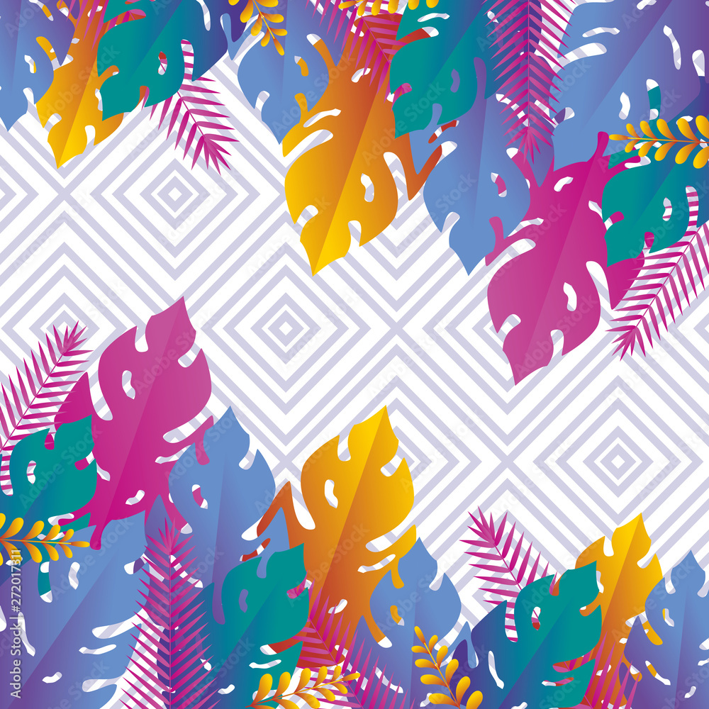 summer frame with tropical and colorful leafs plants