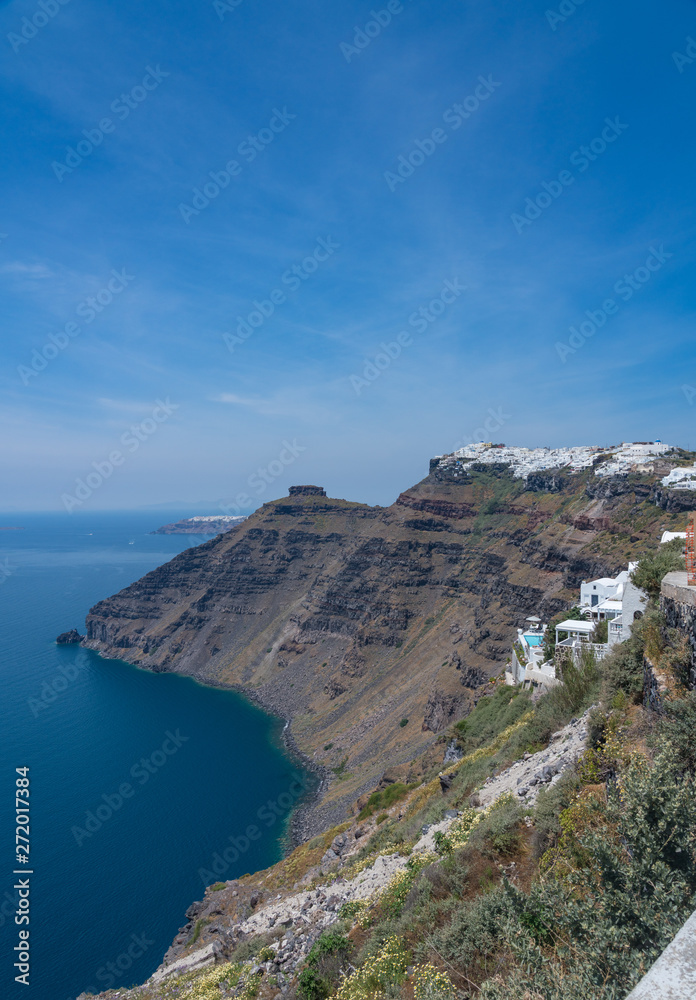Pathway on cliff to Imerovigli and Firostefani above village of Fira on Santorini