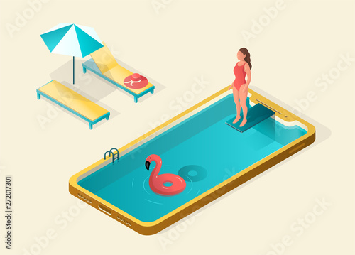 Creative modern isometric design of swimming pool. Vector flat 3D illustration. Vector symbol in flat isometric 3D style isolated on color background. Summer vacation concept.