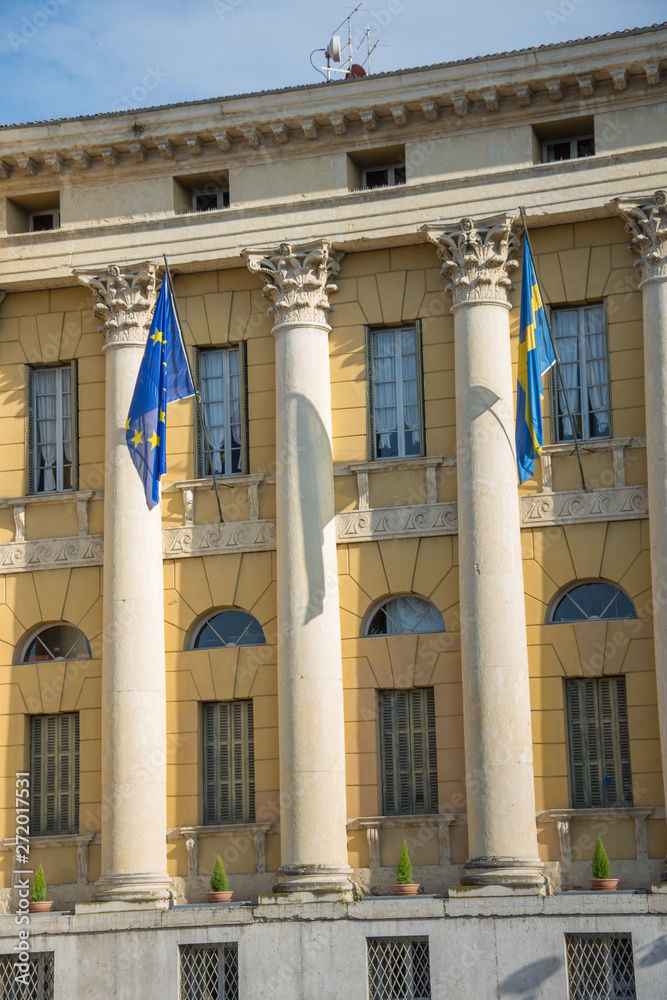 flags on Gran Guardia Palace  .,Verona, Italy 2019,