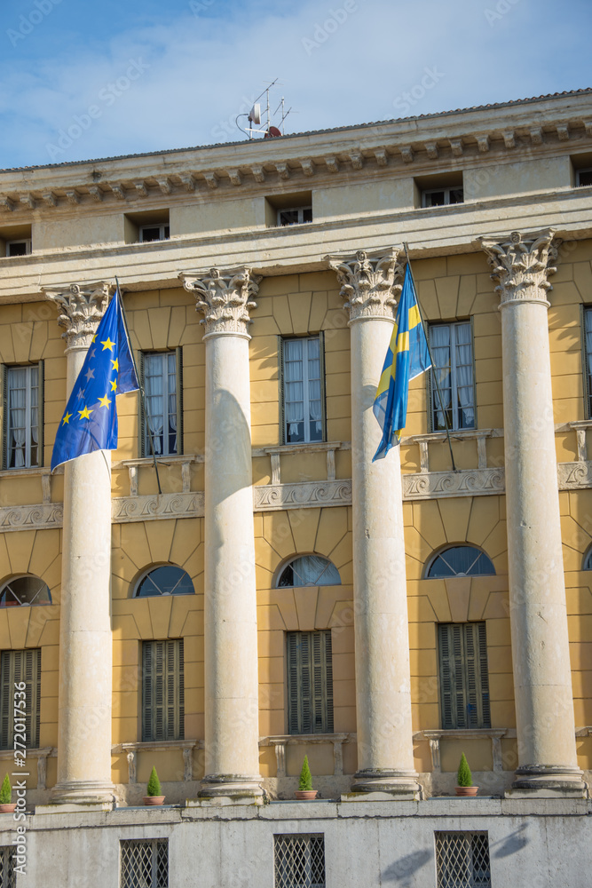 flags on Gran Guardia Palace  .,Verona, Italy 2019,